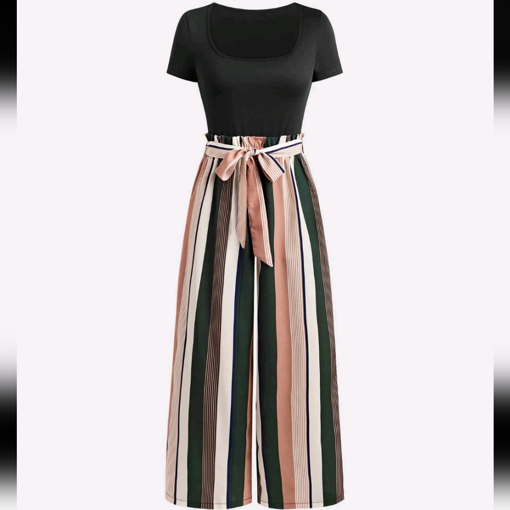 Striped Wide-Leg Tie-Waist Jumpsuit - Black & Multicolor